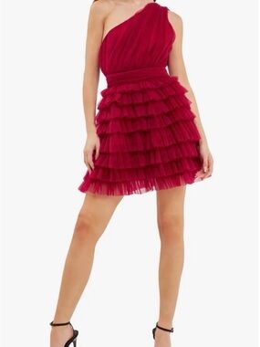 Endless Rose One-Shoulder Ruffled Tulle Dress in Deep Red